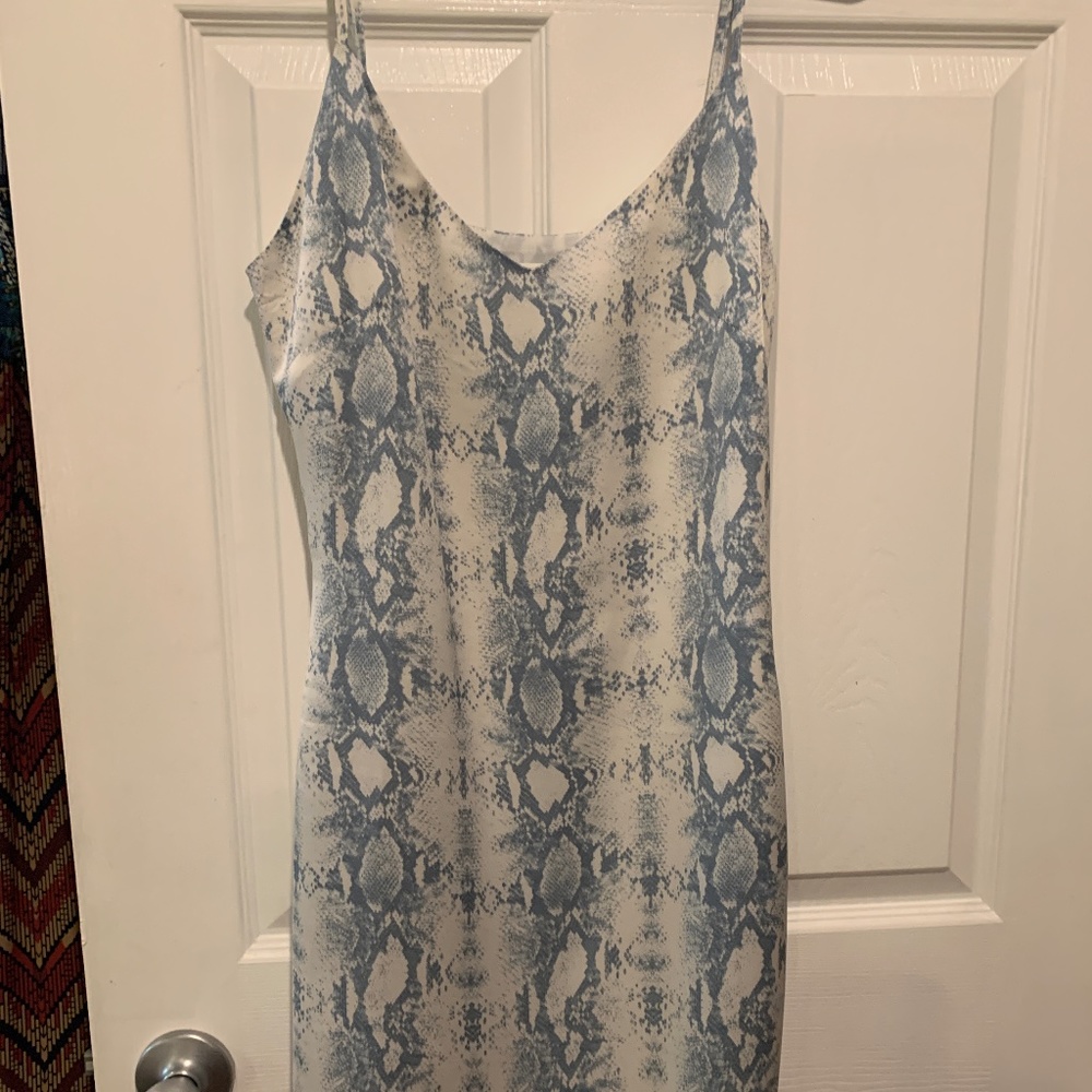light blue snake print sheath dress